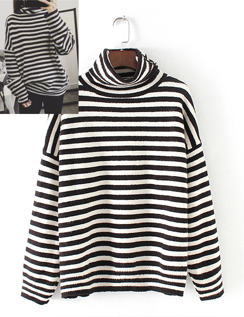 Trendy Black Stripe Pattern Decorated High-neckline Sweater