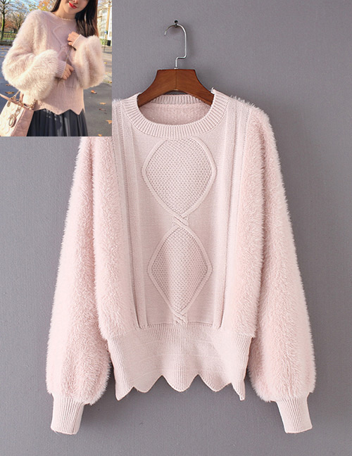 Trendy Pink Pure Color Design Round Neckline Sweater