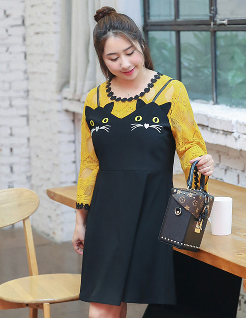 Trendy Black Cartoon Cats Pattern Decorated Long Dress