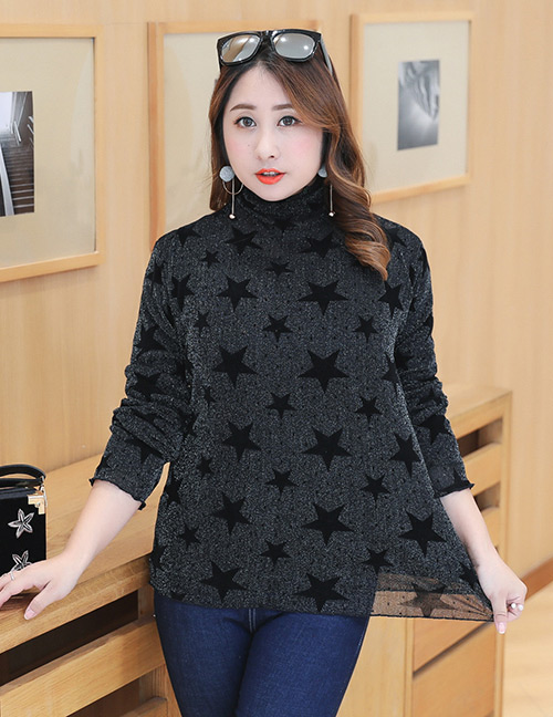 Trendy Black Pure Color Decorated Thicken Shirt