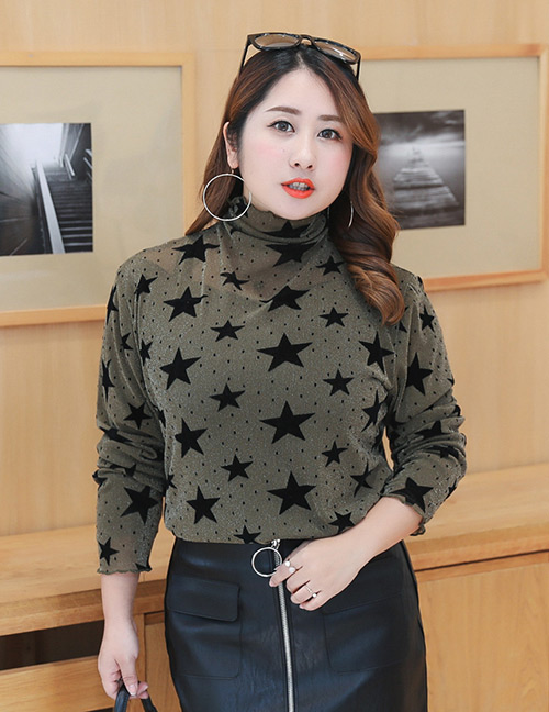 Trendy Olive Stars Pattern Decorated Thicken Shirt