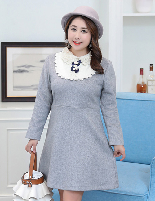 Trendy Gray Flower&pearls Decorated Long Sleeves Dress