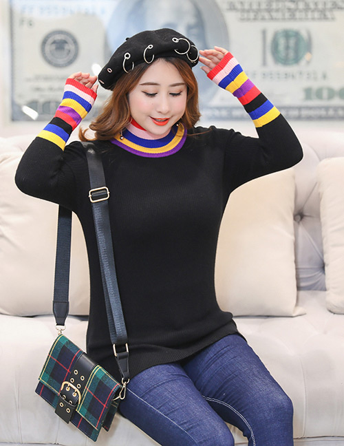 Trendy Black Stripe Pattern Decorated High-neckline Sweater