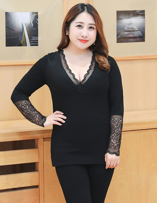 Trendy Black Lace Decorated V Neckline Warm Clothes Suit