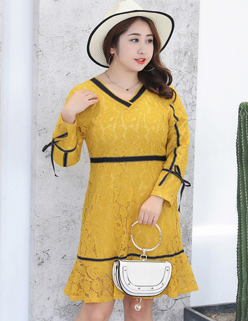 Trendy Yellow V Neckline Design Long Sleeves Thicken Dress