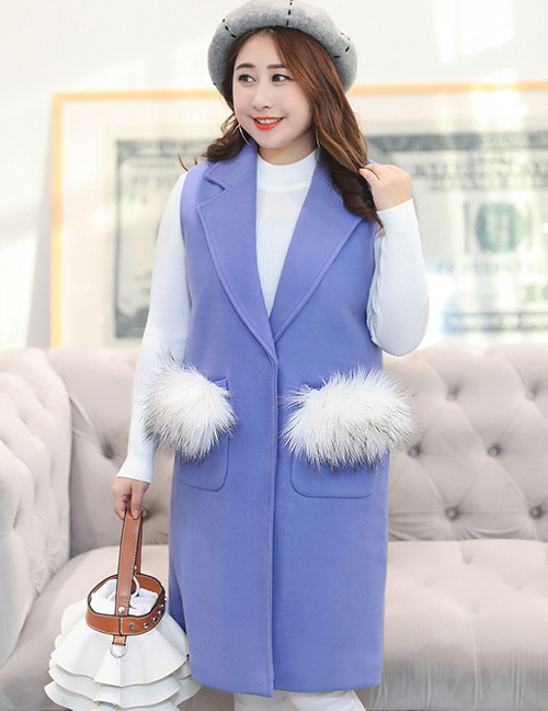 Trendy Blue Pure Color Decorated Large Thicken Vest