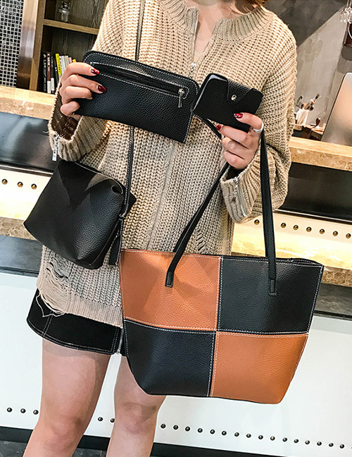 Fashion Light Brown+black Color Matching Decorated Handbag(4pcs)