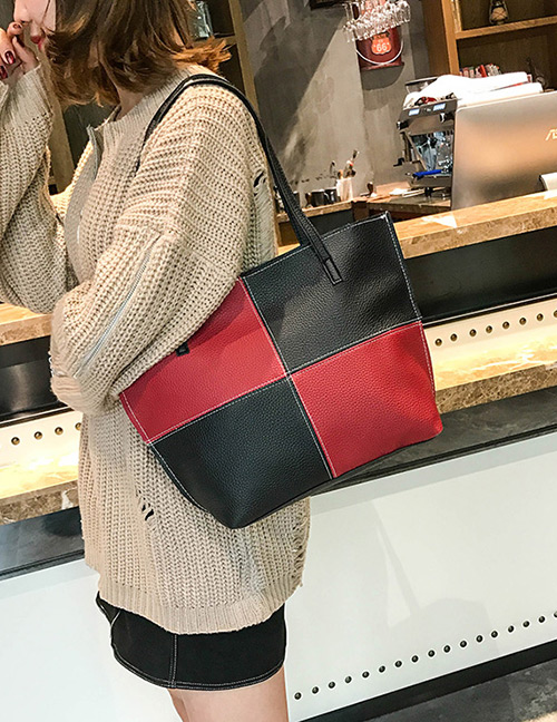 Fashion Red+black Color Matching Decorated Handbag(4pcs)