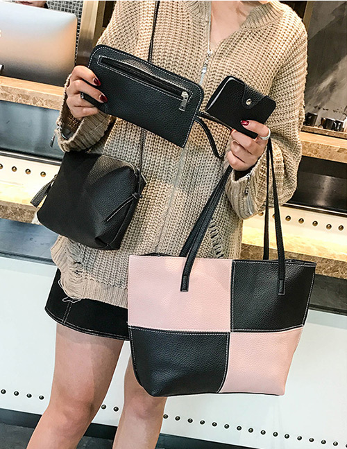 Fashion Pink+black Color Matching Decorated Handbag(4pcs)