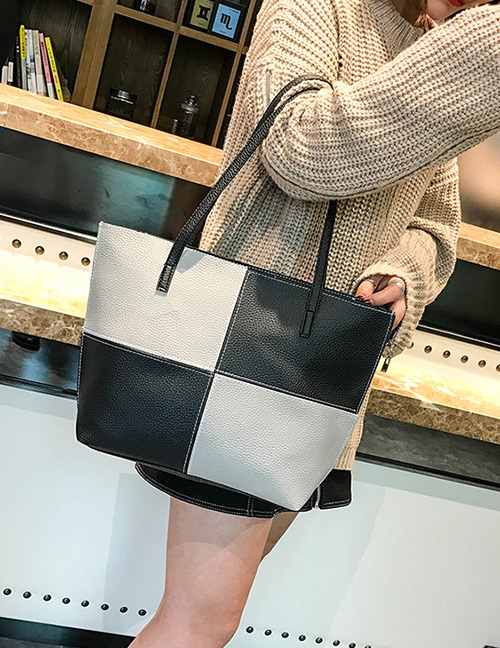 Fashion Gray+black Color Matching Decorated Handbag(4pcs)