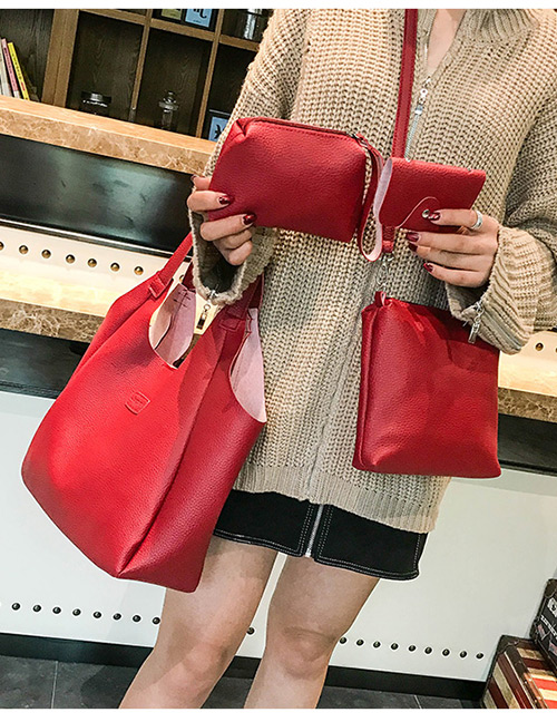 Fashion Red Pure Color Decorated Shoulder Bag (4pcs)