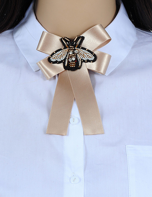 Trendy Beige Embroidered Bee Design Bowknot Brooch
