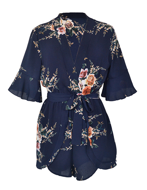 Fashion Navy Flower Shape Decorated Jumpsuits