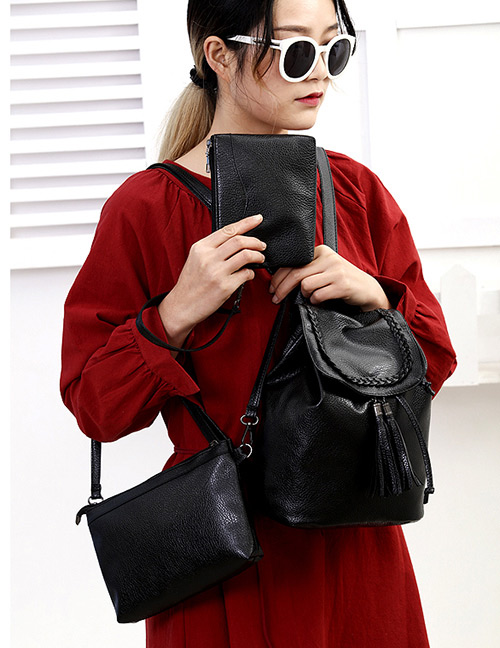 Fashion Black Tassel Decorated Backpack (3pcs)