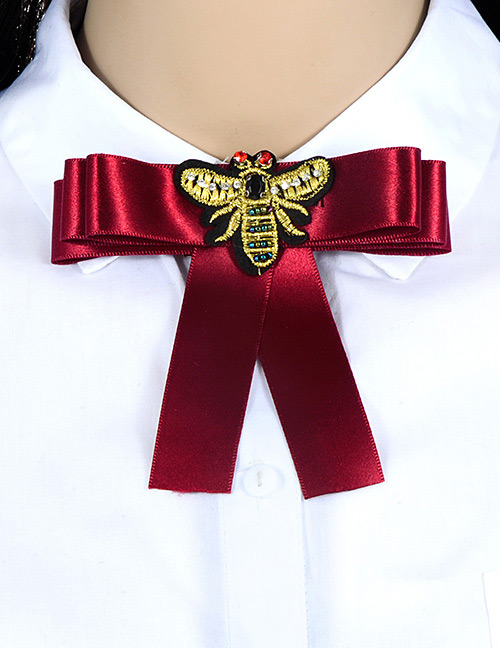 Fashion Claret Red Embroidered Bee Decorated Bowknot Brooch