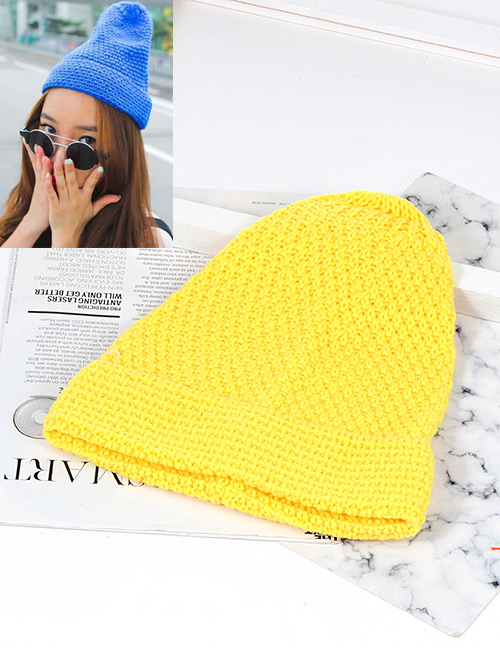 Trendy Yellow Pure Color Decorated Knitting Cap