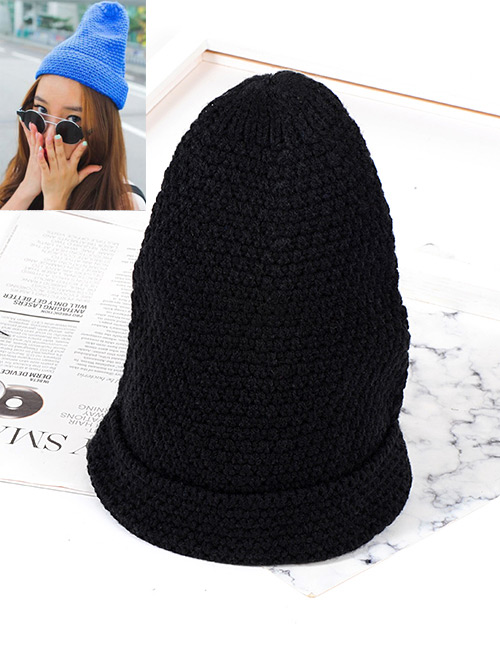Trendy Black Pure Color Decorated Knitting Cap