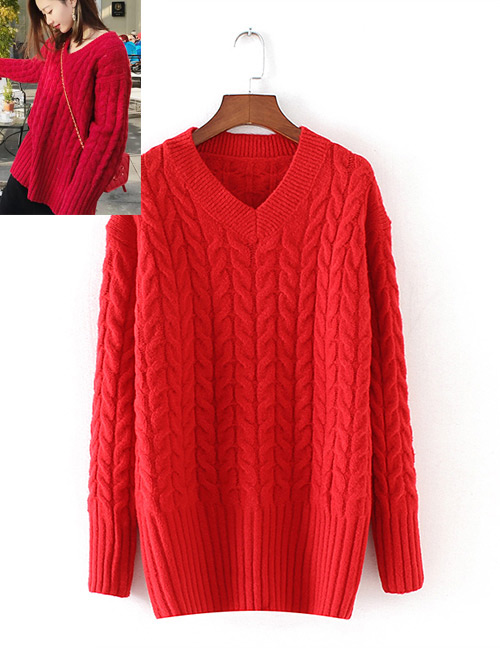 Fashion Red Pure Color Design V Neckline Sweater