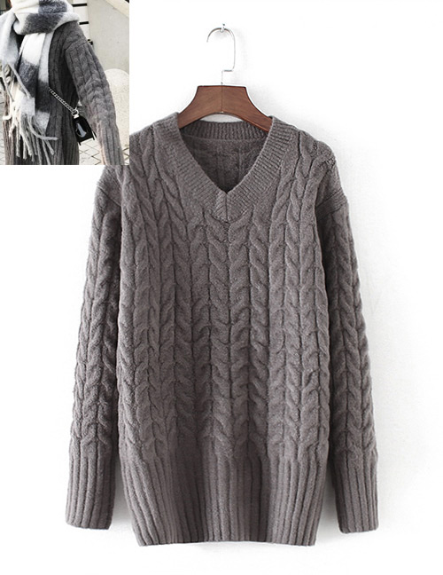 Fashion Dark Gray Pure Color Design V Neckline Sweater