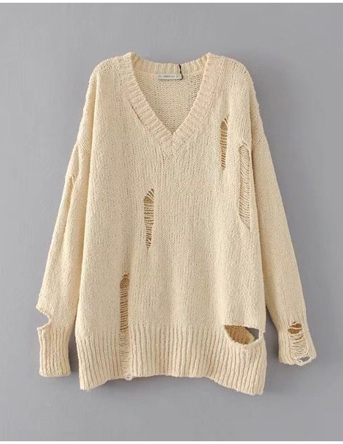 Fashion Beige Pure Color Decorated Holes Design Sweater