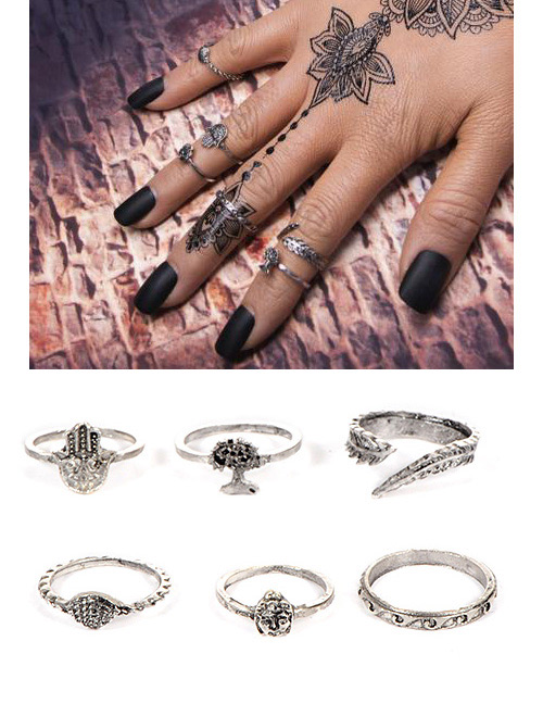 Fashion Silver Color Flower Pattern Decorated Ring Sets(6pcs)