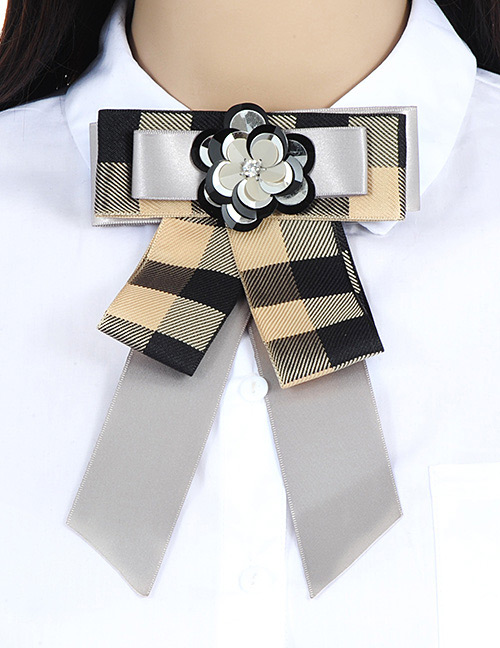 Fashion Gray Grid Pattern Decorated Bowknot Brooch