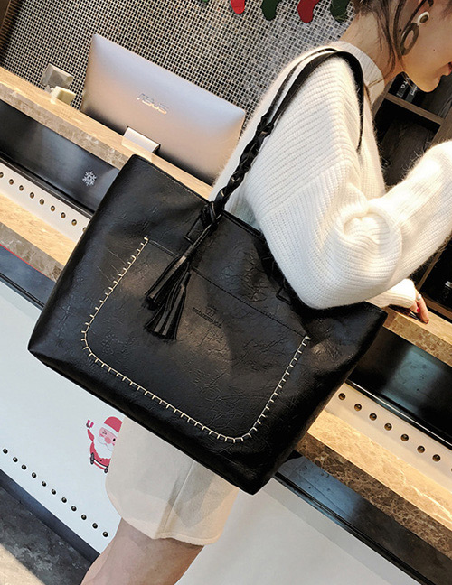 Trendy Black Tassel Decorated Square Shape Handbag