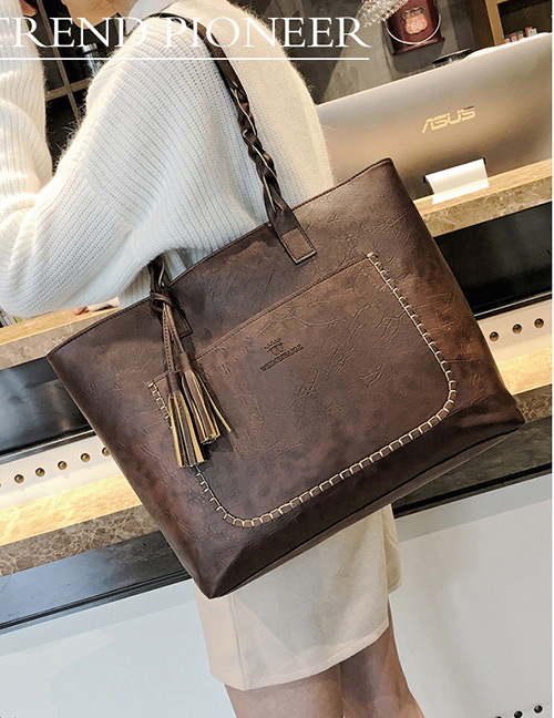 Trendy Dark Brown Tassel Decorated Square Shape Handbag