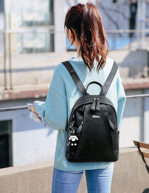 Trendy Black Pure Color Decorated Backpack(with Bear)