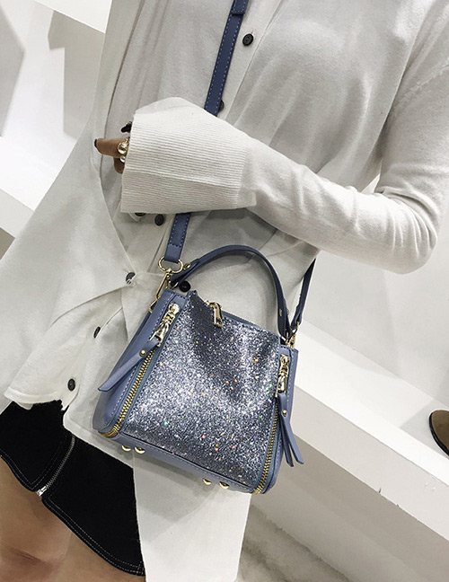 Fashion Blue Double Zipper Decorated Square Shape Shoulder Bag