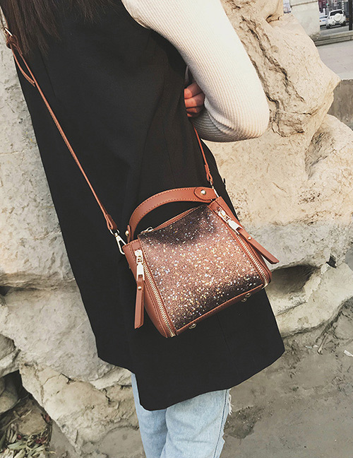 Fashion Brown Double Zipper Decorated Square Shape Shoulder Bag
