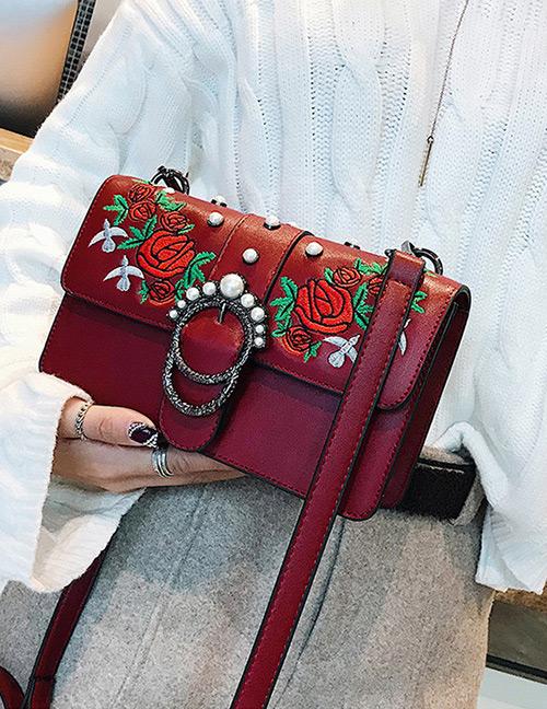 Fashion Red Embroidered Flowers Decorated Shoulder Bag