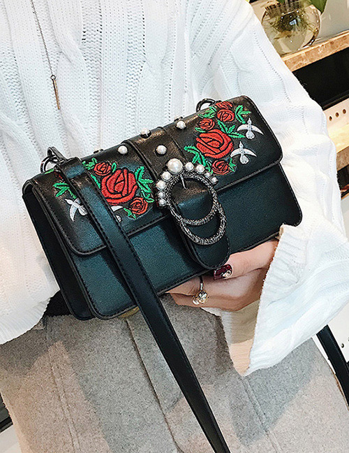 Fashion Black Embroidered Flowers Decorated Shoulder Bag