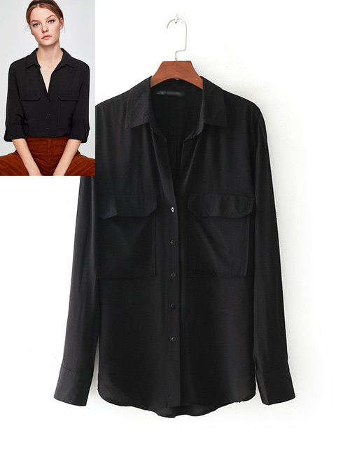 Fashion Black Pure Color Decorated Long Sleeves Shirt