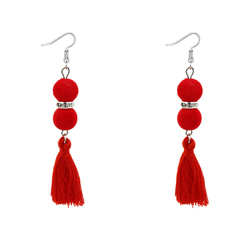 Bohemia Red Fuzzy Ball Decorated Tassel Earrings