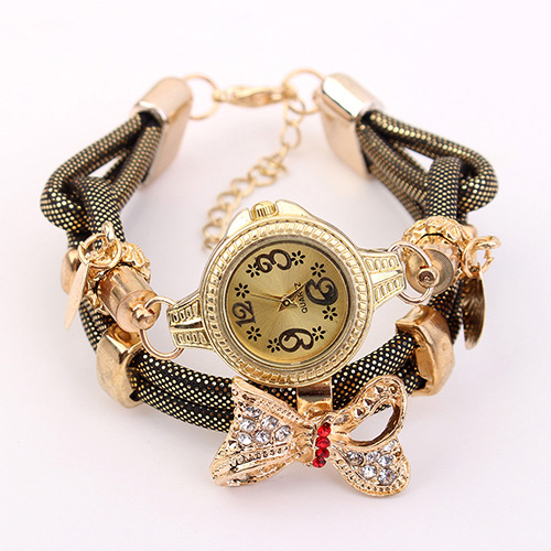 Elegant Black+gold Color Bowknot Shape Decorated Watch