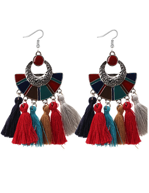 Bohemia Red Fan Shape Decorated Tassel Earrings