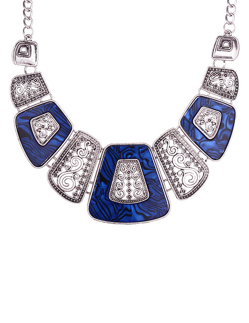Exaggerated Sapphire Blue Square Shape Decorated Necklace