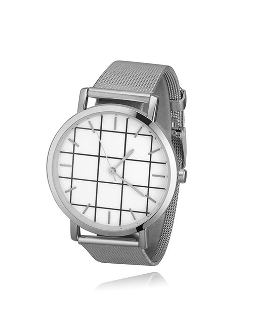 Fashion Silver Color Grid Pattern Decorated Round Dial Watch