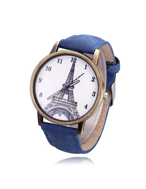 Vintage Blue Tower Pattern Decorated Round Dial Watch
