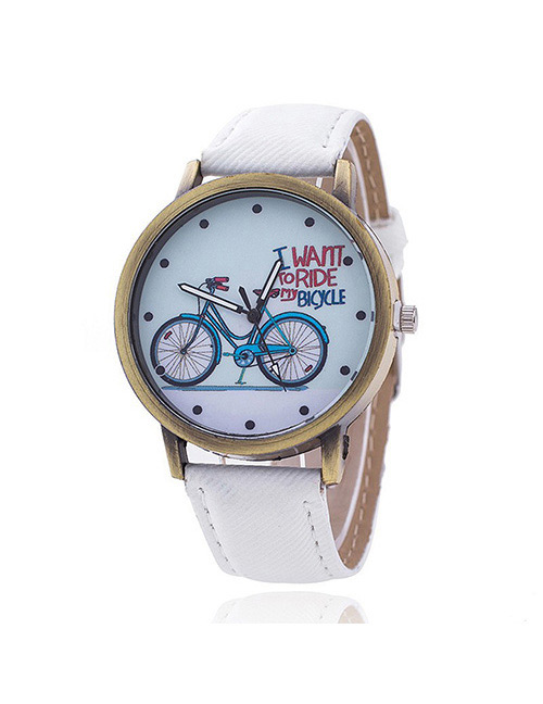 Vintage White Bicycle Pattern Decorated Round Dial Watch