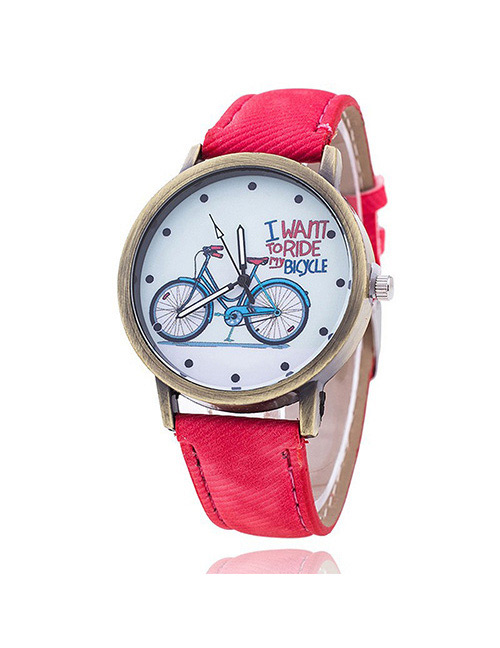 Vintage Red Bicycle Pattern Decorated Round Dial Watch