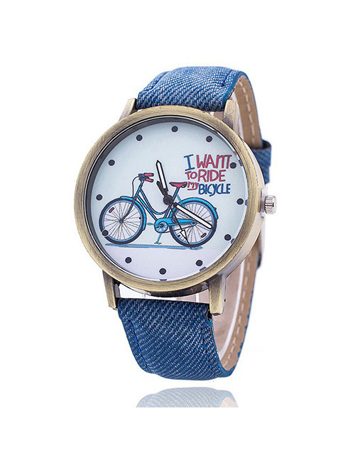 Vintage Blue Bicycle Pattern Decorated Round Dial Watch