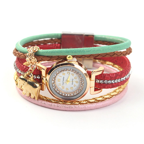 Trendy Red Elephant&tassel Decorated Multi-layer Watch
