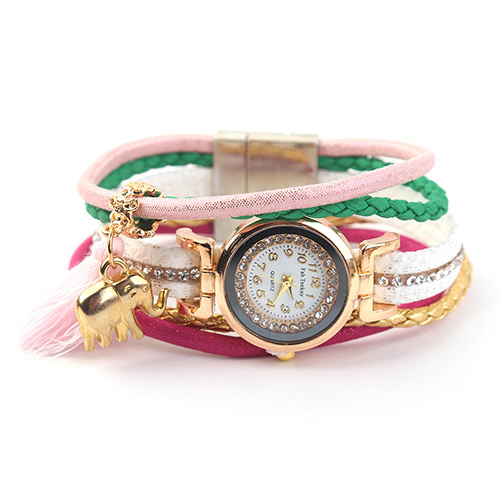Trendy Pink Elephant&tassel Decorated Multi-layer Watch
