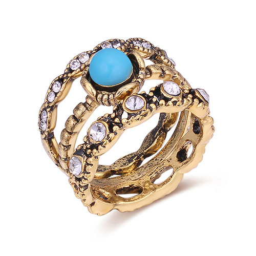 Fashion Gold Color+blue Diamond Decorated Hollow Out Ring Sets(3pcs)