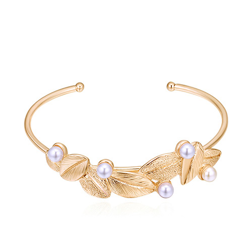 Sweet Gold Color Leaf&pearls Decorated Opening Bracelet