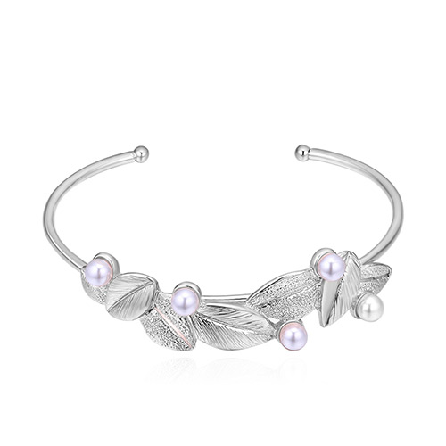 Sweet Silver Color Leaf&pearls Decorated Opening Bracelet