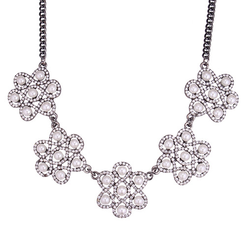 Fashion White Pearls&diamond Decorated Flower Shape Necklace