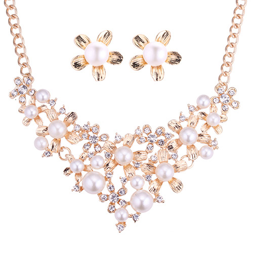 Fashion Gold Color Pearls&diamond Decorated Hollow Out Jewelry Sets